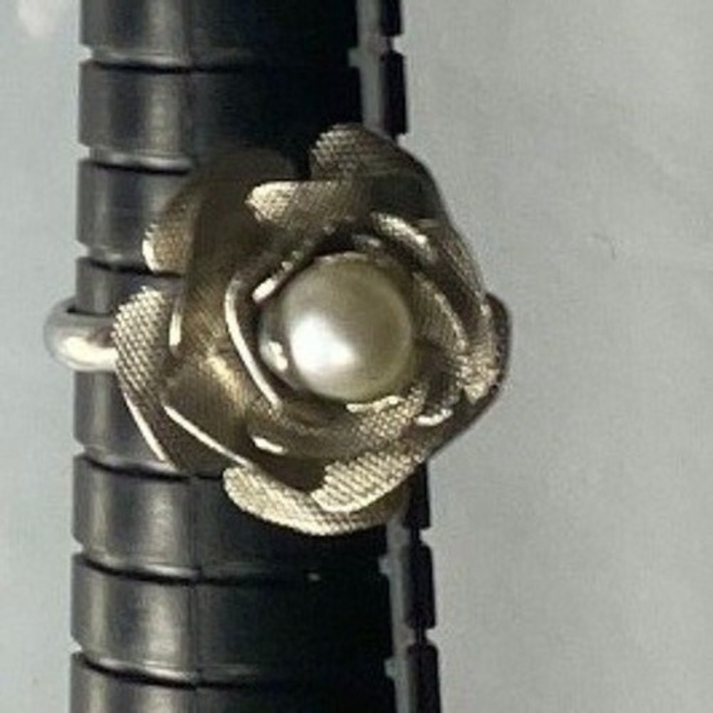 Silver Tone Rose Flower Ring with Pearl Accent Size 6
